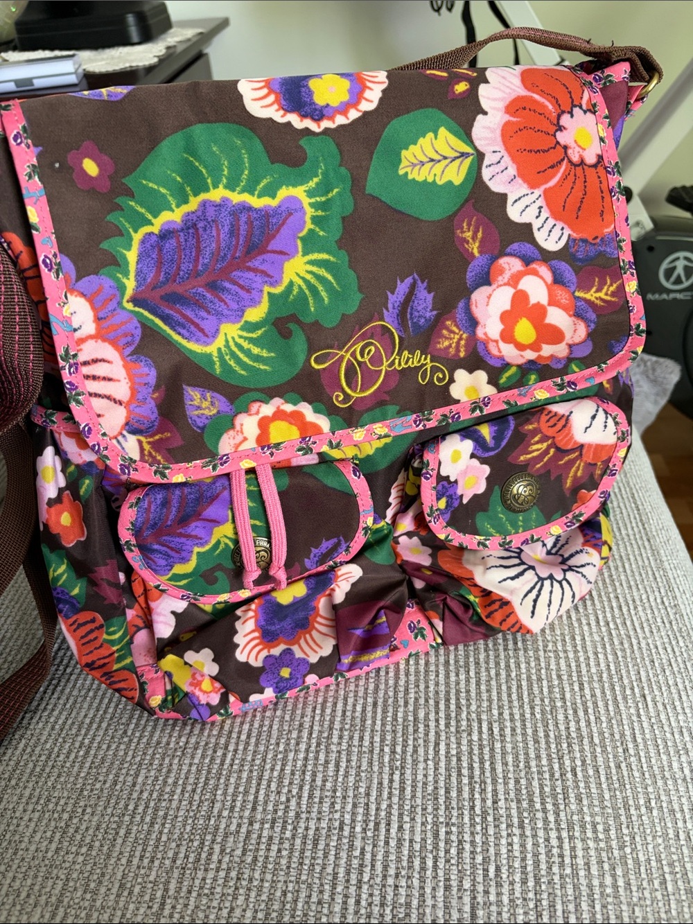 Oilily Floral Brown Crossbody with Pink Trim